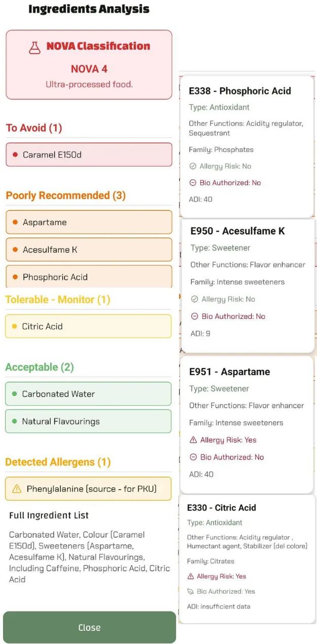 Screenshot from the Luminatens app analyzing Diet Coke, showing Aspartame, Acesulfame K, and Caramel E150d, with a NOVA 4 classification.