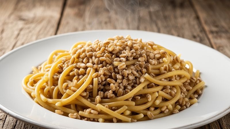 Piatto di pasta integrale appena cotta, pronto da gustare.