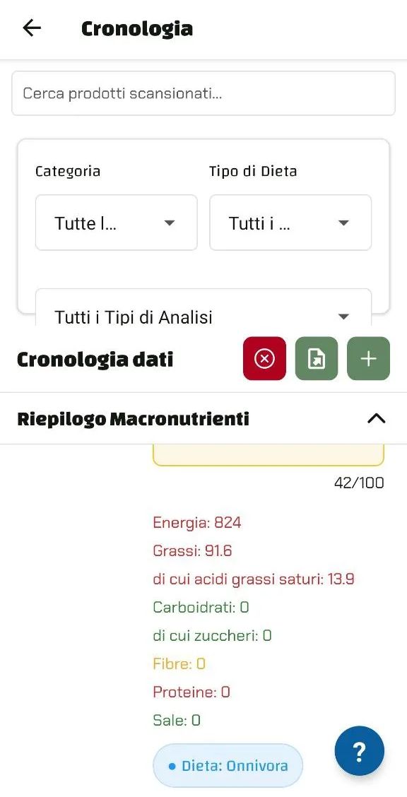 Schermata dell'app Luminatens che mostra un punteggio di 42/100 per l'olio extravergine d'oliva.