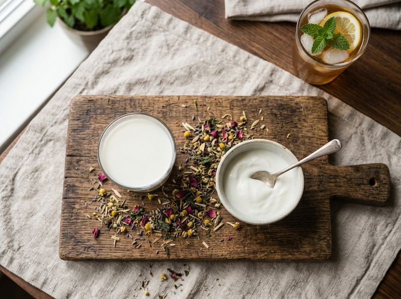 Wooden board with a glass of milk, plain yogurt and scattered herbal tea leaves