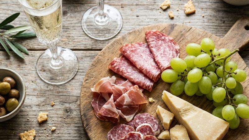 A beautiful comparison between Conegliano Valdobbiadene and Franciacorta with fresh ingredients.
