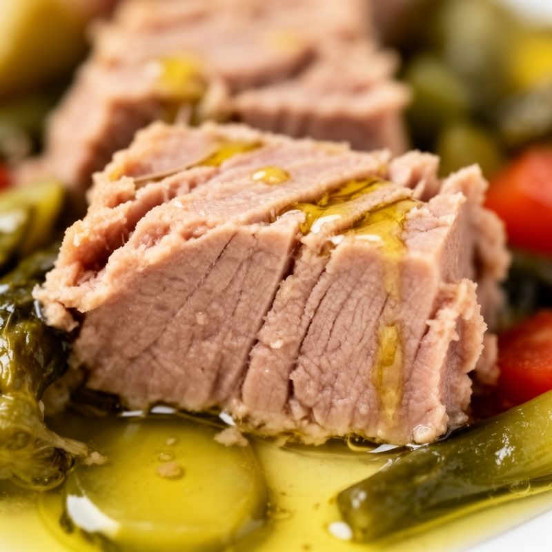 Dettaglio macro che mostra la texture di Tonno al naturale con olio d'oliva e verdure.