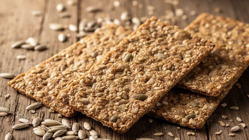 Assorted whole grain crackers paired with fresh herbs and cheese on a rustic wooden table