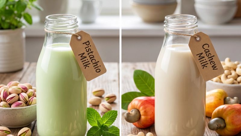 Confronto tra Latte di Pistacchio e Anacardi con ingredienti freschi.