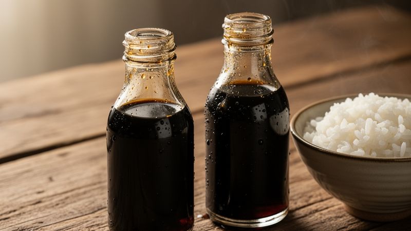 Due condimenti asiatici a confronto: salsa di soia e tamari in bottiglie scure, pronte a insaporire i vostri piatti con la loro ricchezza aromatica.