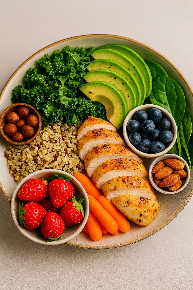 Power bowl with quinoa, sliced avocado, kale, and grilled chicken in a ceramic bowl for a balanced workday lunch.