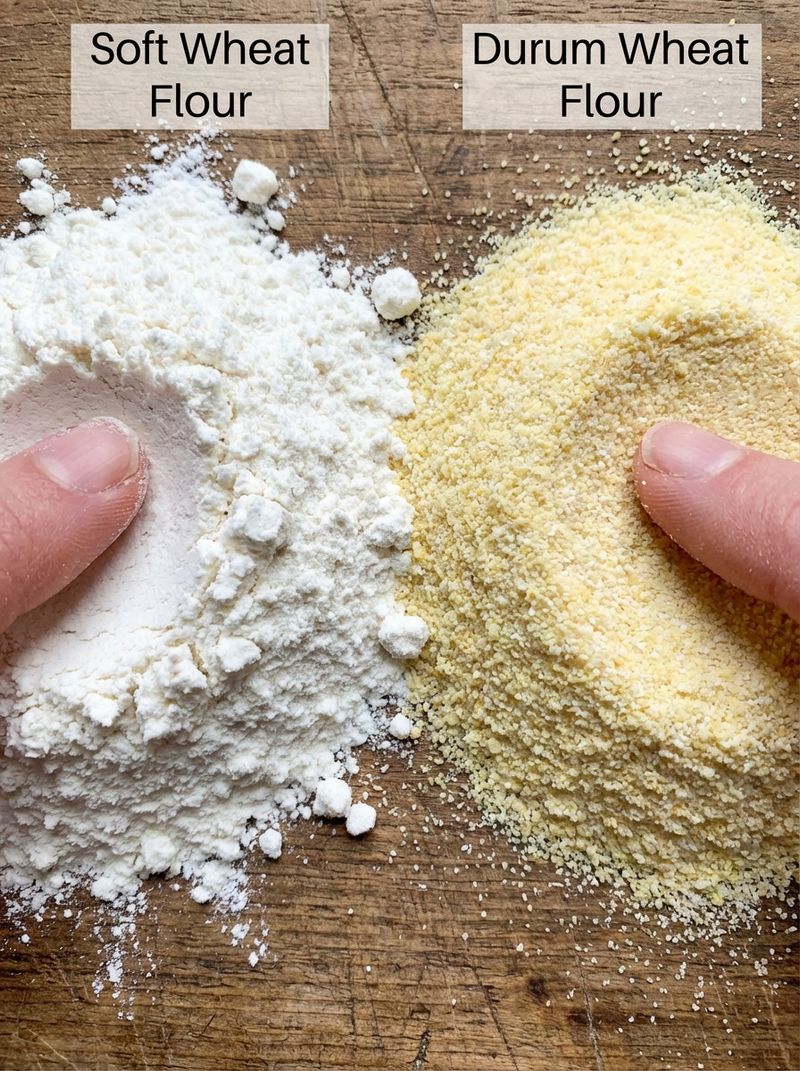 Close-up detail comparing the texture of Soft Wheat Flour and Durum Wheat Flour.
