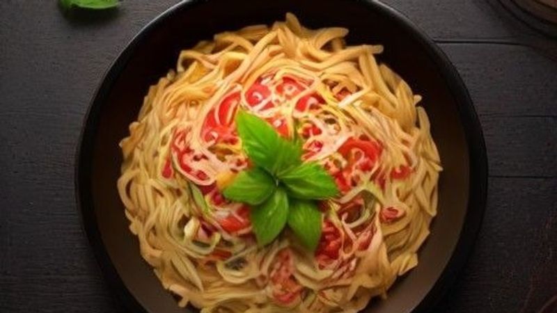 Illustrazione generata con AI: pasta con pomodoro e basilico su ardesia