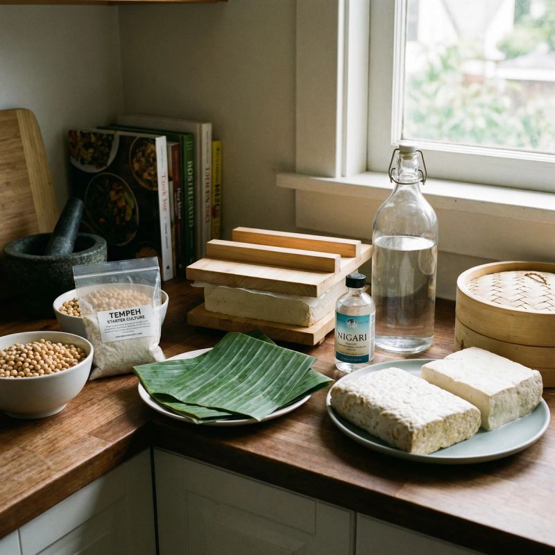 Raw soybeans alongside spices like turmeric root ginger cloves used in processing.