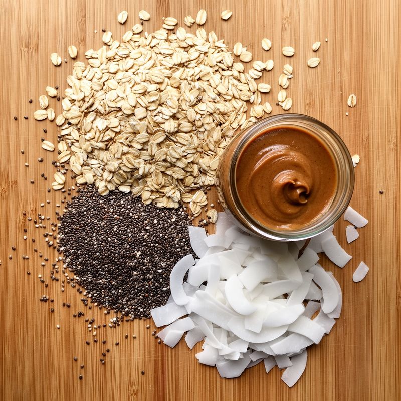Raw ingredients for sugar-free snacks arranged in geometric pattern showing blueberries, raspberries, and egg whites/yolks