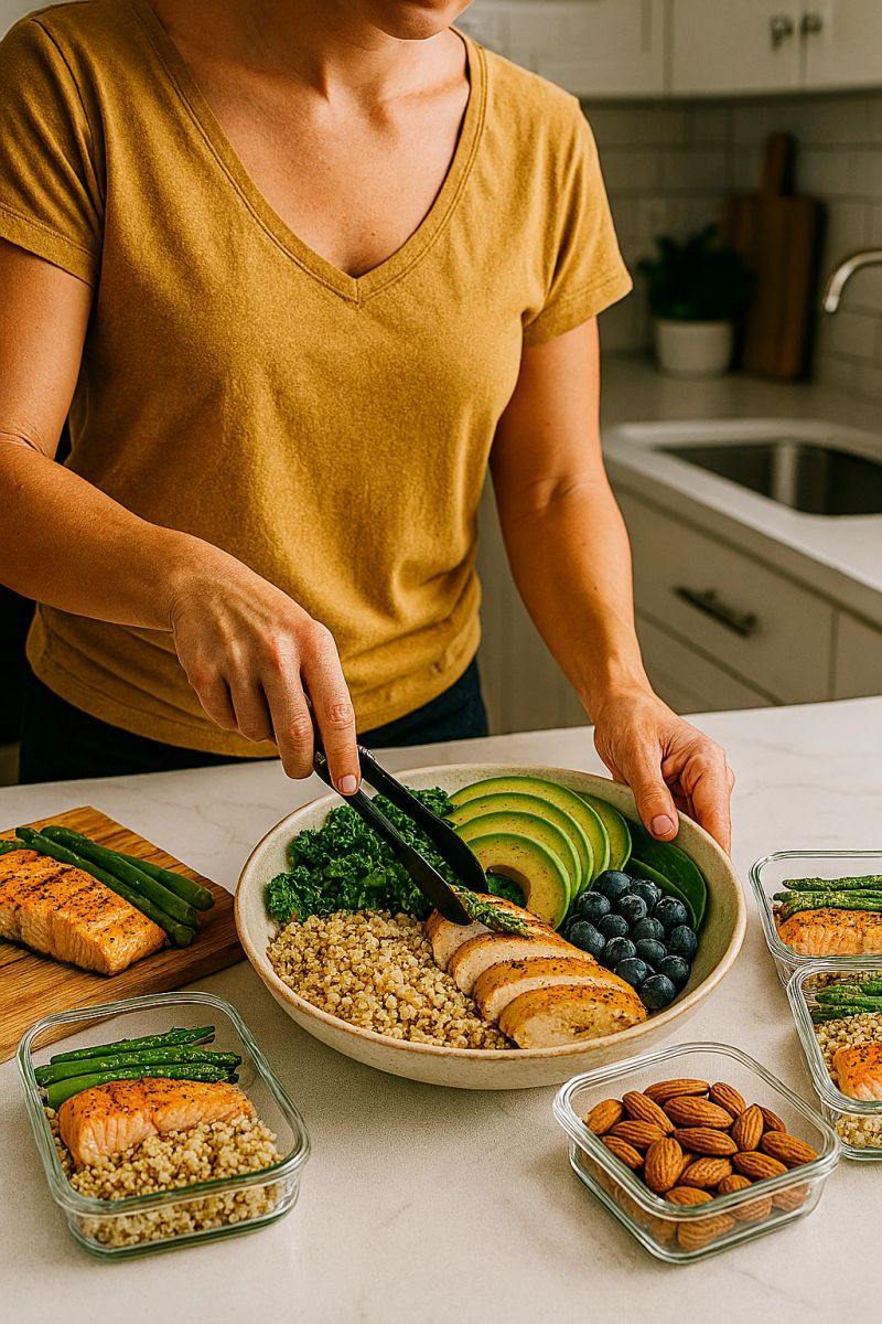 Person at a modern kitchen counter placing asparagus into glass meal-prep containers with salmon and quinoa for weekly lunches.