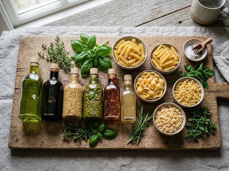 Wooden board with unbranded condiment bottles, gluten-free pasta shapes and fresh herbs