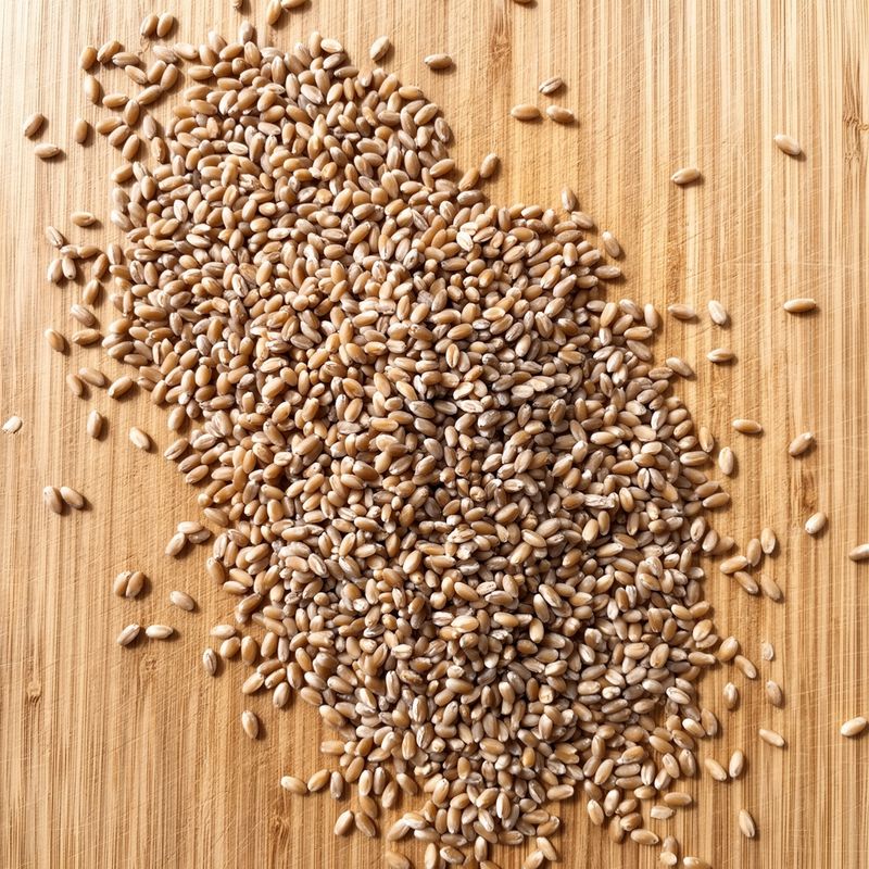 Chicchi di Farro e Kamut grezzi disposti su un tagliere di legno