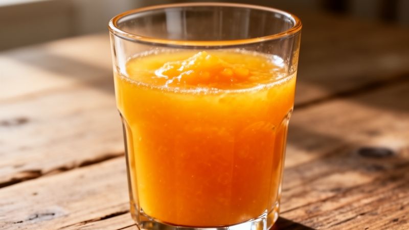 Un bicchiere di succo d'arancia fresco con polpa, servito su un tavolo di legno