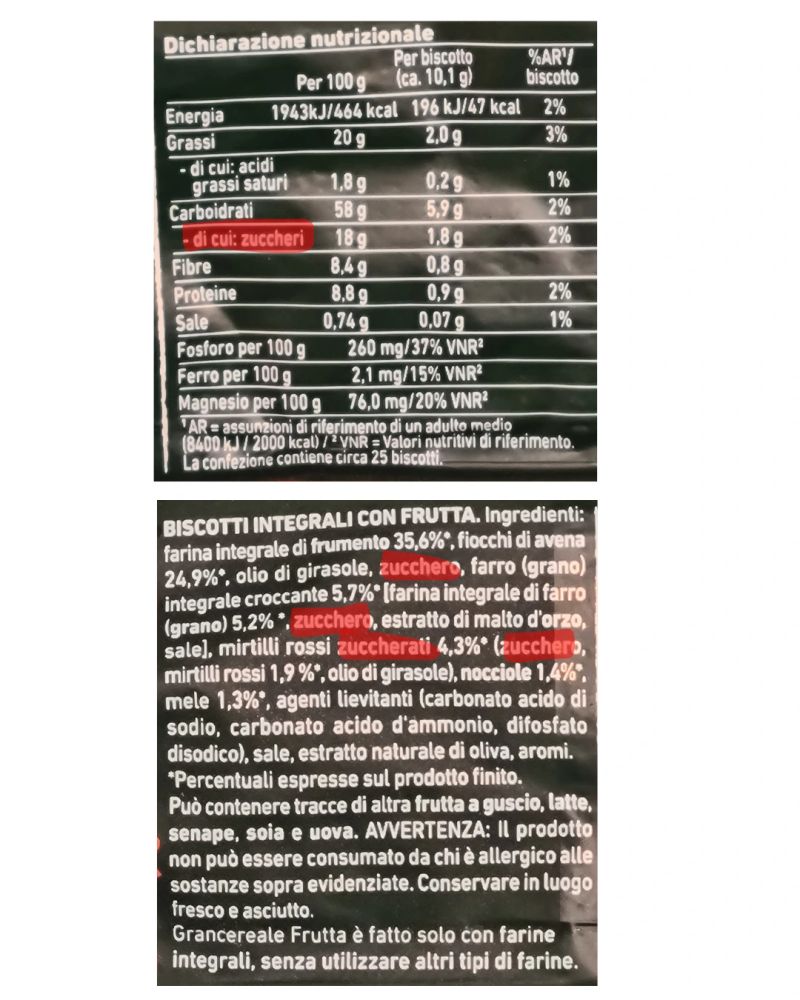 Esempio di etichetta alimentare che mostra dove trovare gli zuccheri nella tabella nutrizionale e nella lista ingredienti.