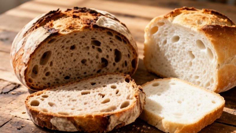 Pane integrale e pane bianco affiancati su un tavolo di legno