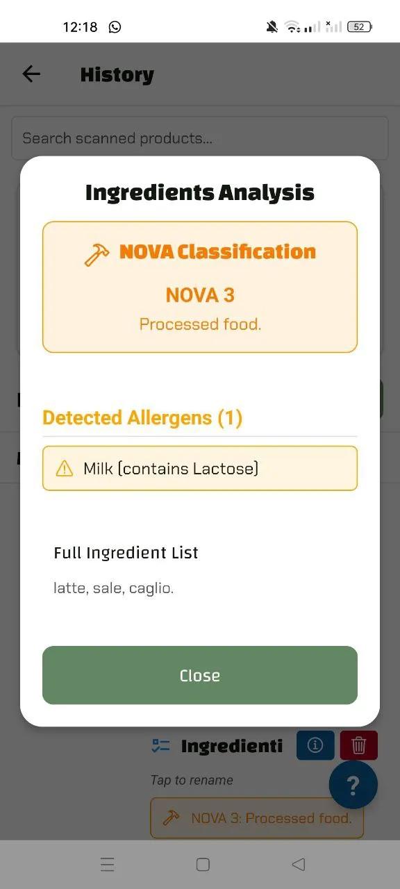 App screenshot with analysis of Parmesan ingredients: classified as NOVA 3 (processed food). Contains allergens (milk and lactose). Ingredients: milk, salt, rennet.