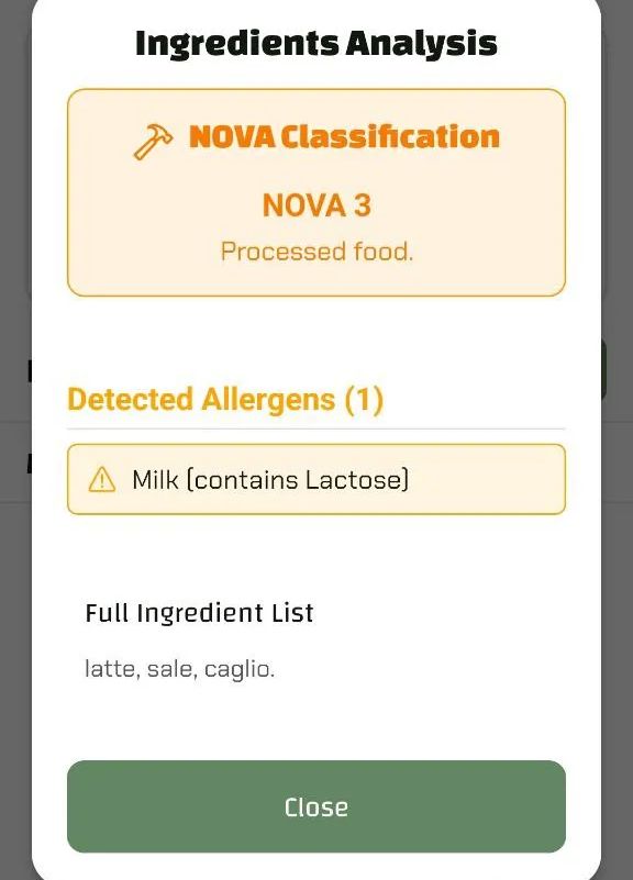 App screenshot with analysis of Parmesan ingredients: classified as NOVA 3 (processed food). Contains allergens (milk and lactose). Ingredients: milk, salt, rennet.