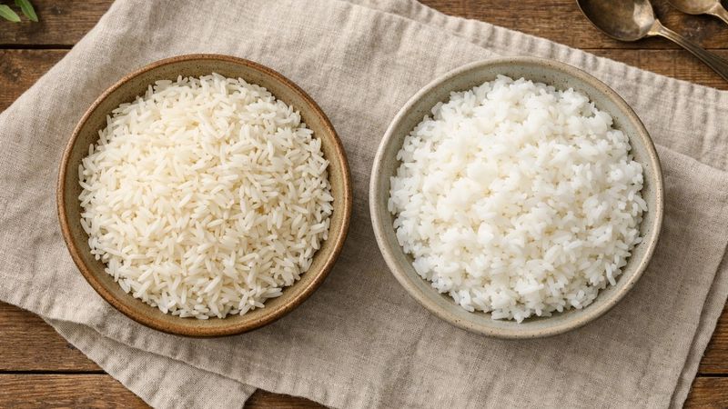 Confronto tra Riso Basmati e Riso Jasmine con ingredienti freschi.