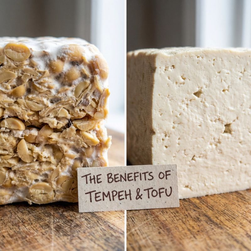 Dettaglio macro che mostra la texture di I benefici del Tempeh e del Tofu.