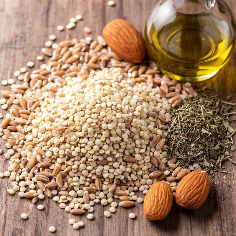 Ingredienti grezzi di quinoa e farro