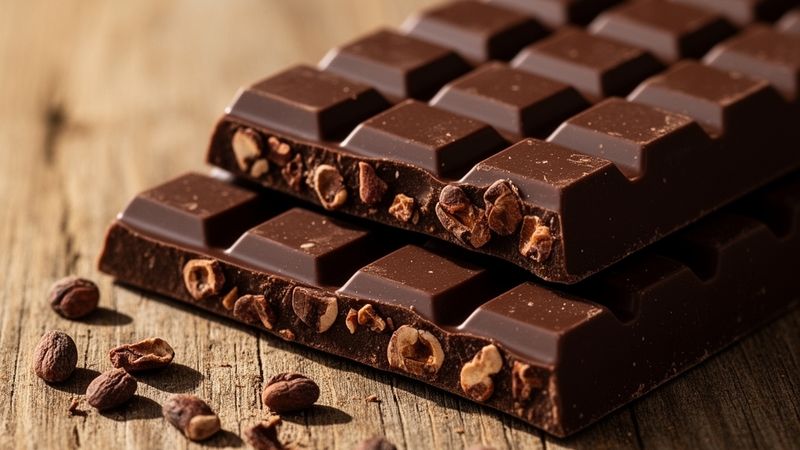 Un pezzo di cioccolato fondente senza zuccheri aggiunti, con la sua ricca texture e il colore intenso del cacao al 80%.