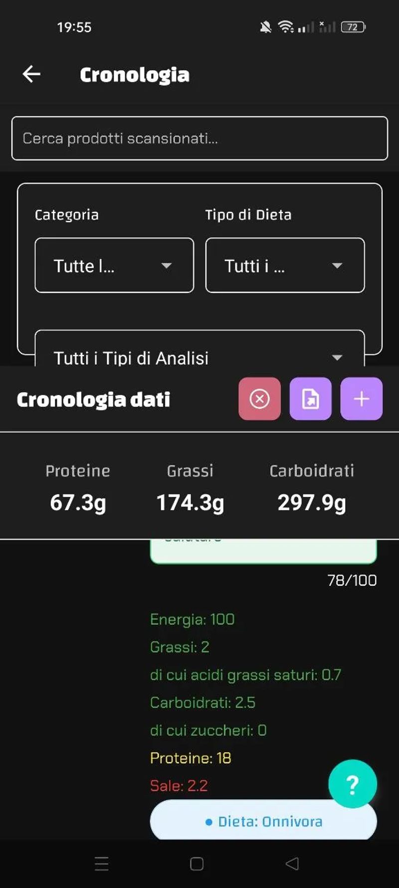 Schermata app Luminatens: punteggio 78/100 per il petto di tacchino, 18g proteine ma sale oltre soglia (2.2g).