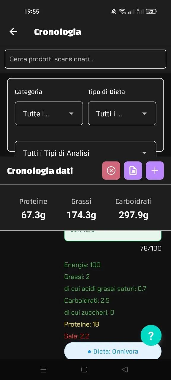 Schermata app Luminatens: punteggio 78/100 per il petto di tacchino, 18g proteine ma sale oltre soglia (2.2g).
