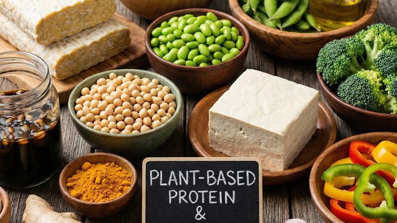 Una bella selezione di ingredienti per I benefici del Tempeh e del Tofu.