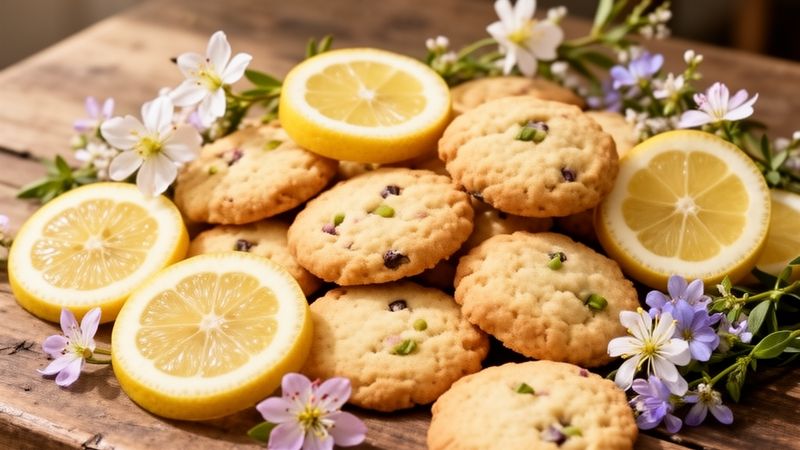 Biscotti senza lattosio disposti su un tavolo in legno con fiori primaverili e fette di limone
