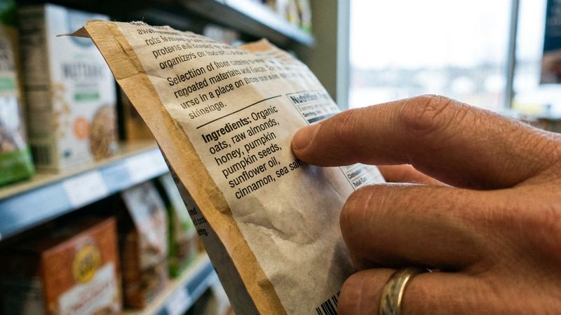 Generic packaged foods viewed through a magnifying glass to explain misleading food label claims.