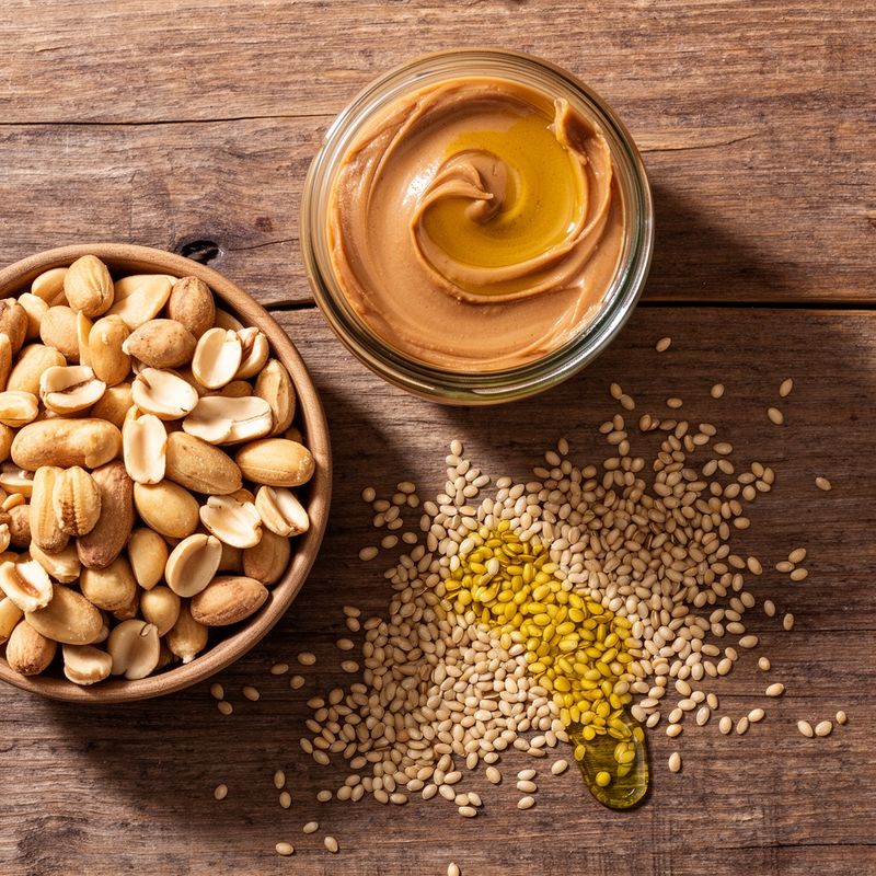 Overhead view of raw peanuts and salt crystals on a wooden board