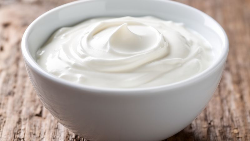 Yogurt greco cremoso pronto da gustare su un tavolo rustico.