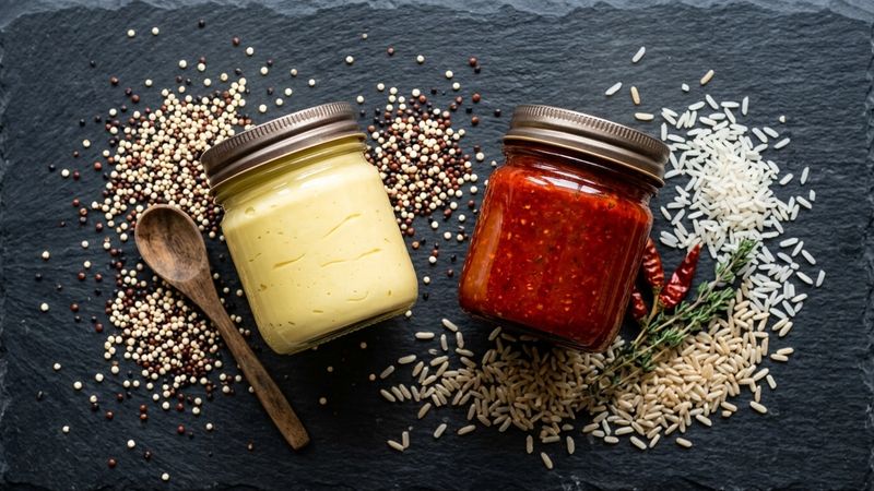Two unbranded condiment jars, one pale yellow and one deep red, with gluten-free grains on slate