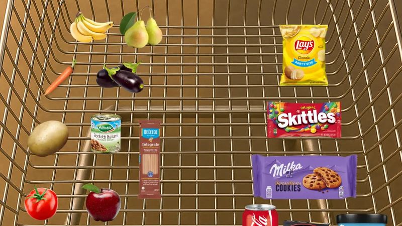 A shopping cart split between whole foods on one side and ultra-processed foods like chips and soda on the other.