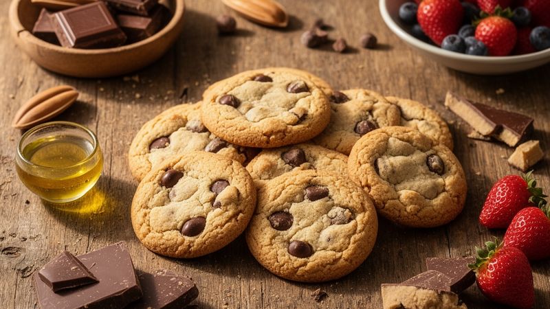 Selezione di ingredienti per Biscotti con olio di palma e cioccolato.
