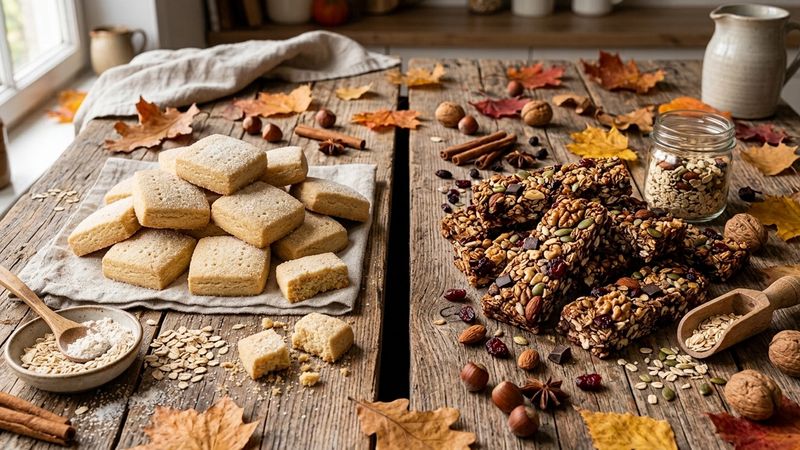 Tavolo di legno diviso: biscotti shortbread dorati a sinistra, barrette ai cereali a destra, foglie autunnali