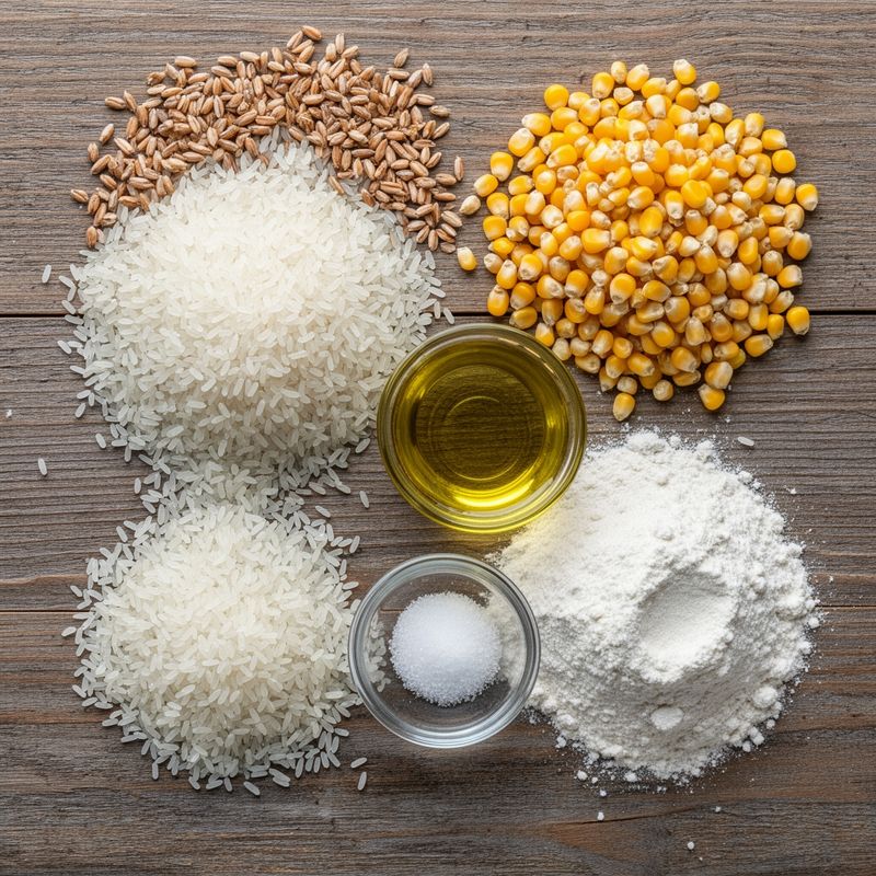 Raw ingredients for rice and corn crackers: brown rice and whole corn kernels on a wooden surface