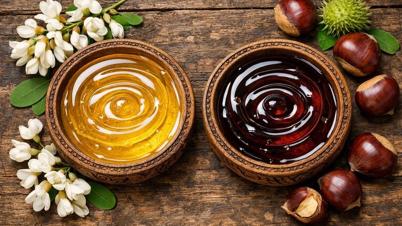 A beautiful comparison between Acacia Honey and Chestnut Honey with fresh ingredients.