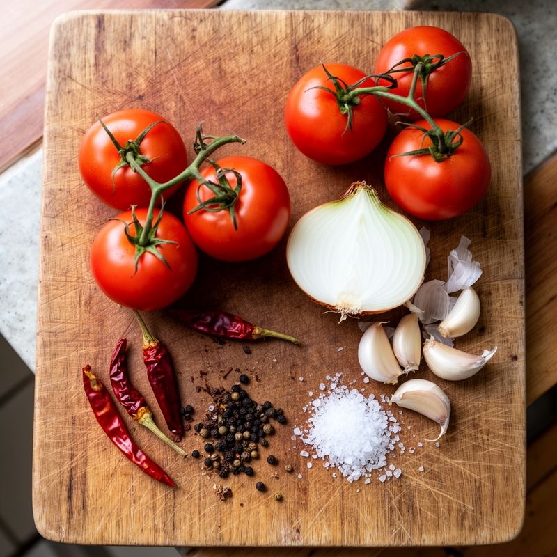 Raw ingredients for homemade sugar-free ketchup arranged in an inviting flat lay composition