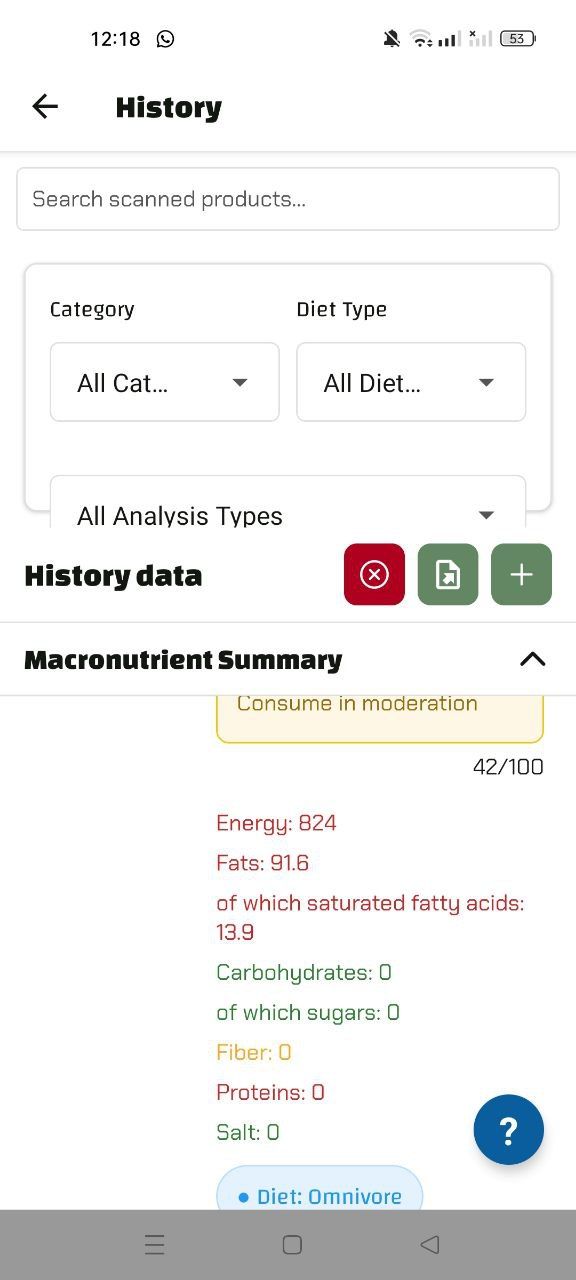 Screenshot from the Luminatens app showing a score of 42/100 for olive oil, classifying it as "to be consumed with moderation."