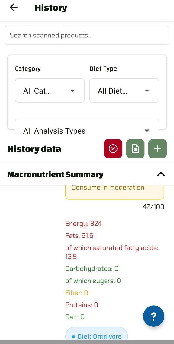 Screenshot from the Luminatens app showing a score of 42/100 for olive oil, classifying it as "to be consumed with moderation."