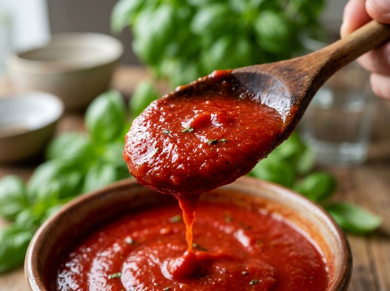 Macro of thick red sauce lifted with a wooden spoon against a blurred basil background