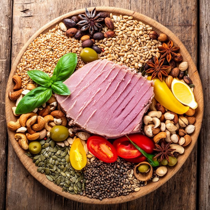 Ingredienti freschi per preparare Tonno al naturale con olio d'oliva e verdure fatto in casa.