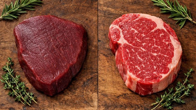 Confronto tra Carne di Bufalo e Carne di Manzo con ingredienti freschi.
