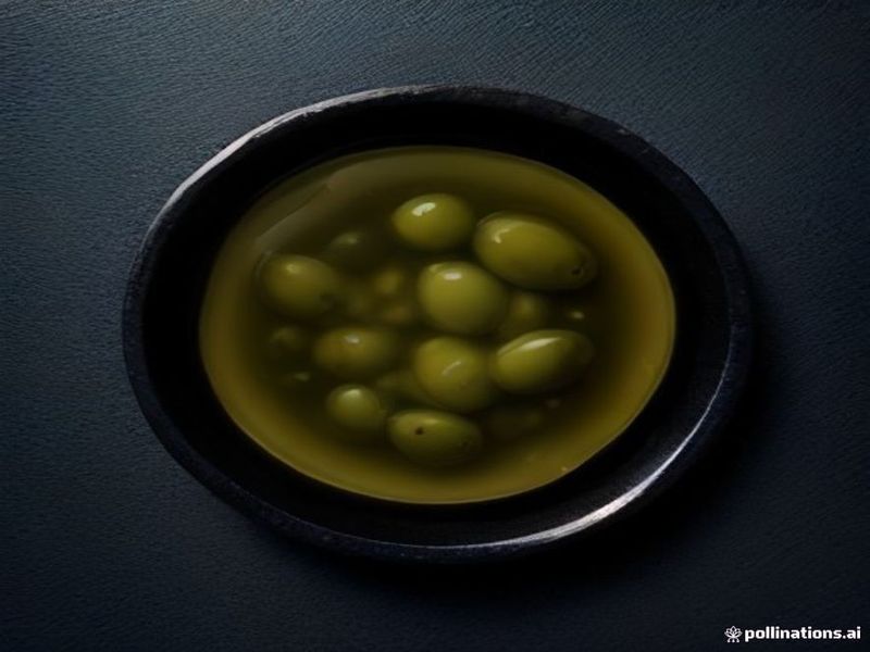 Green olives in golden olive oil on dark slate
