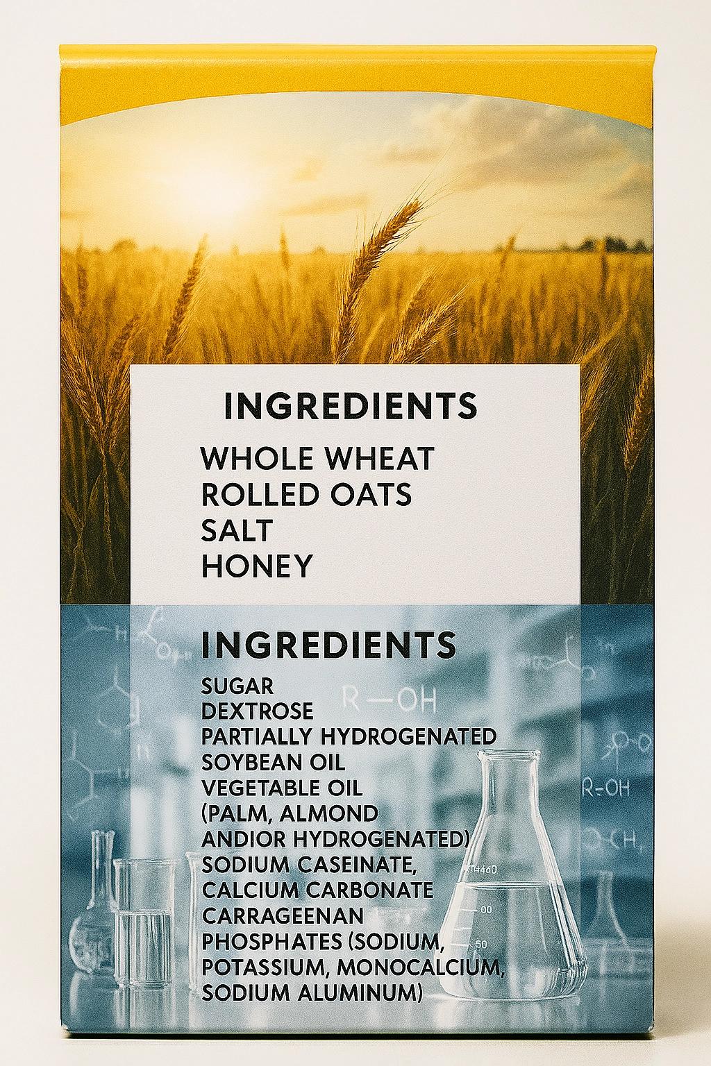 Double exposure of a food package: top half with a sunny wheat field and simple ingredients, bottom half with a sterile lab, beakers, and a long artificial ingredient list.