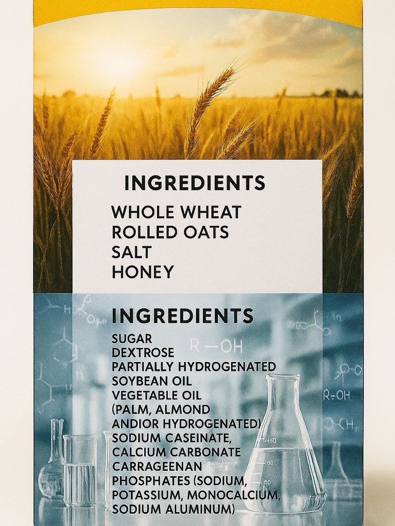 Double exposure of a food package: top half with a sunny wheat field and simple ingredients, bottom half with a sterile lab, beakers, and a long artificial ingredient list.