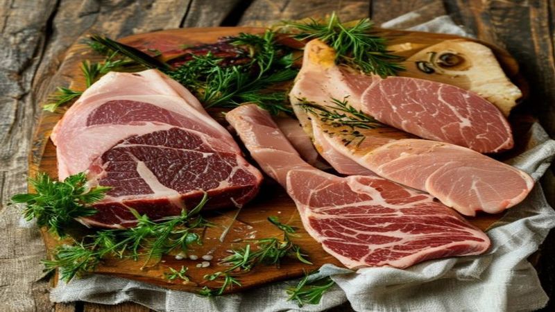 A beautiful comparison between Organic Meat and Grass-Fed Meat with fresh ingredients.