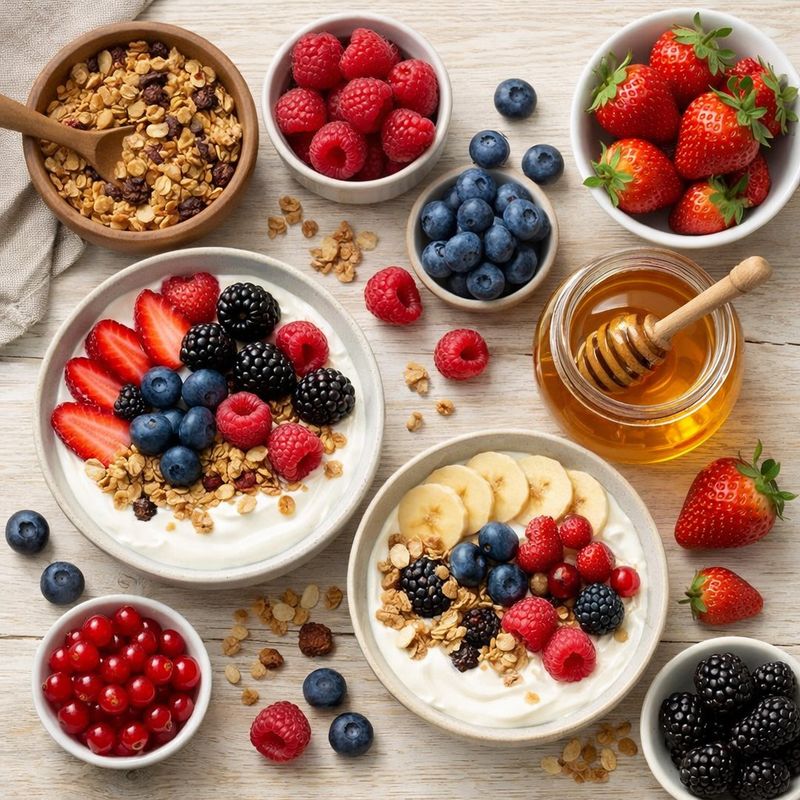 Fresh ingredients for preparing Greek Yogurt and Regular Yogurt.